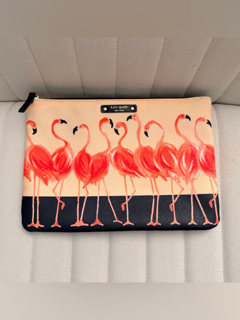 kate spade Coral Flamingo Print Zip Pouch with Black Stripe